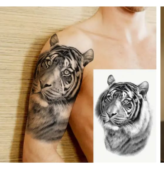 Realistic Tiger Head Tattoo – Large Temporary Tattoo (Arm & Shoulder)