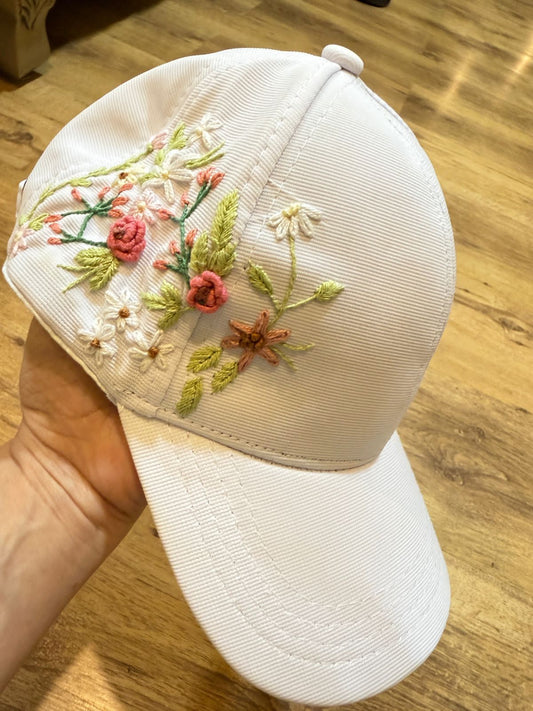 White Floral Embroidered Baseball Cap